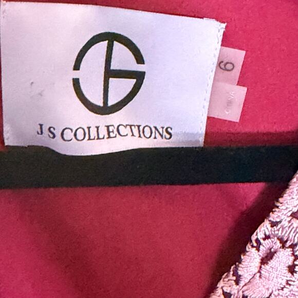 JS Collections V-Neck Floral Embroidered Mesh Cocktail Dress in Burgundy - Picture 7 of 9